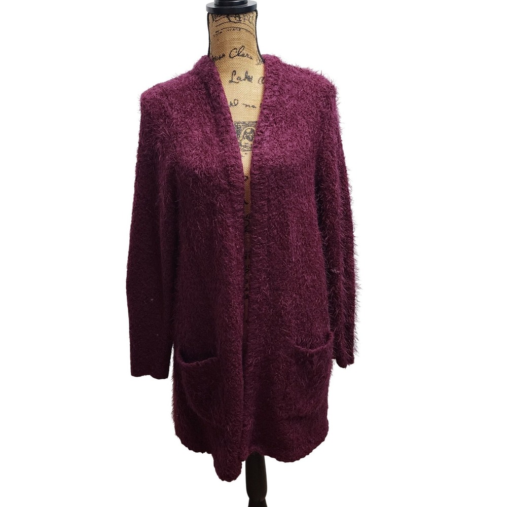 Torrid Burgundy Fuzzy Cardigan Sweater Long Sleeve‎ Open Front Pockets Size 2